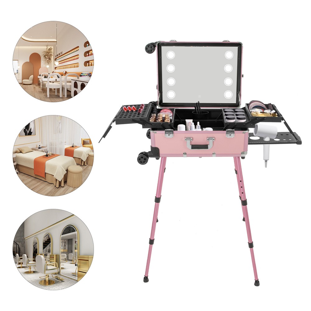 Rolling LED Lighted Makeup Train Case - Travel Cosmetic Vanity Organizer