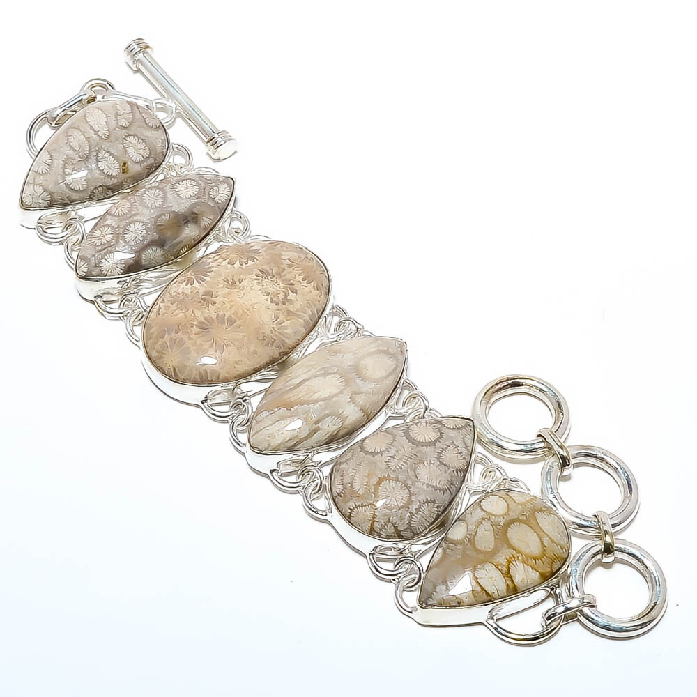 Fossil Coral Australian Gem 925 Sterling Silver Handmade Adjustable Bracelet 7.99 Inch T9