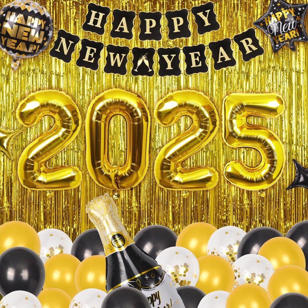 ZMENCY New Years Eve Party Supplies - Happy New Year Decorations  Black and G...-image