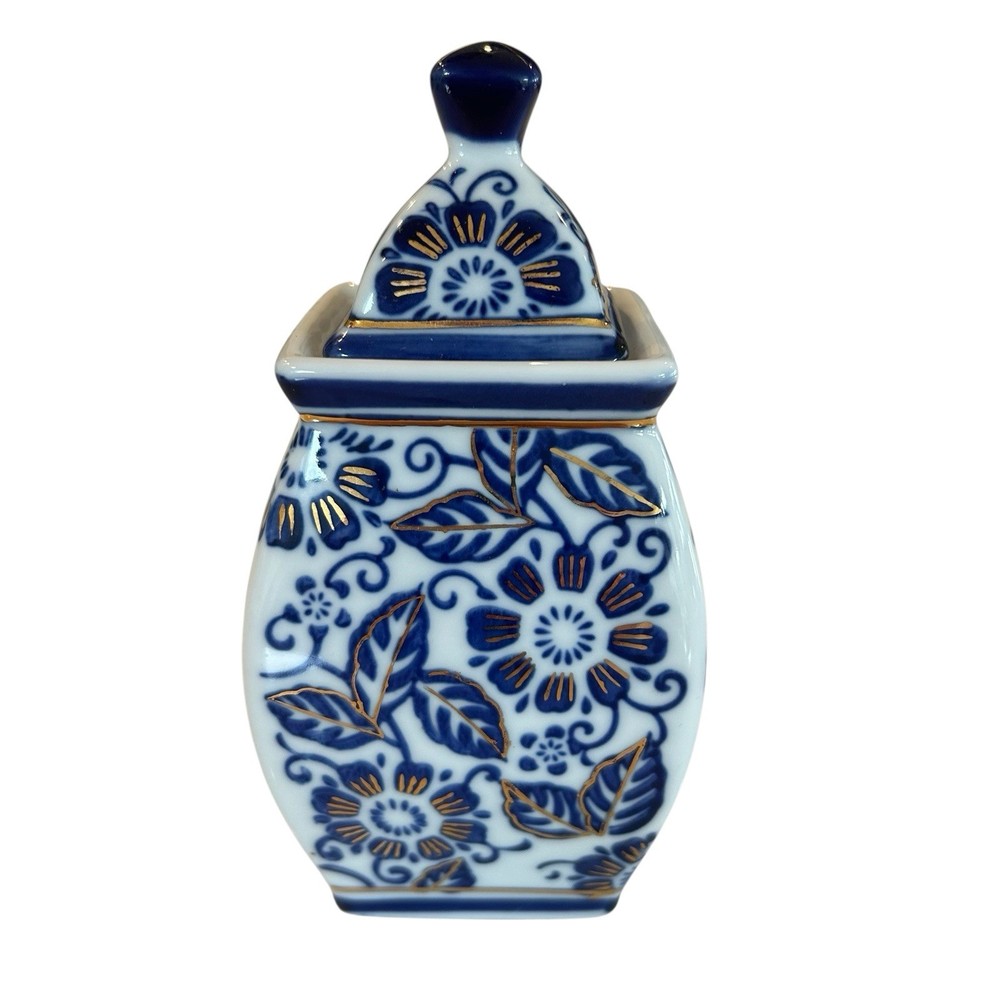 Vintage Porcelain Blue White Chinoiserie Gold Floral Covered Vase Ginger Jar 6”