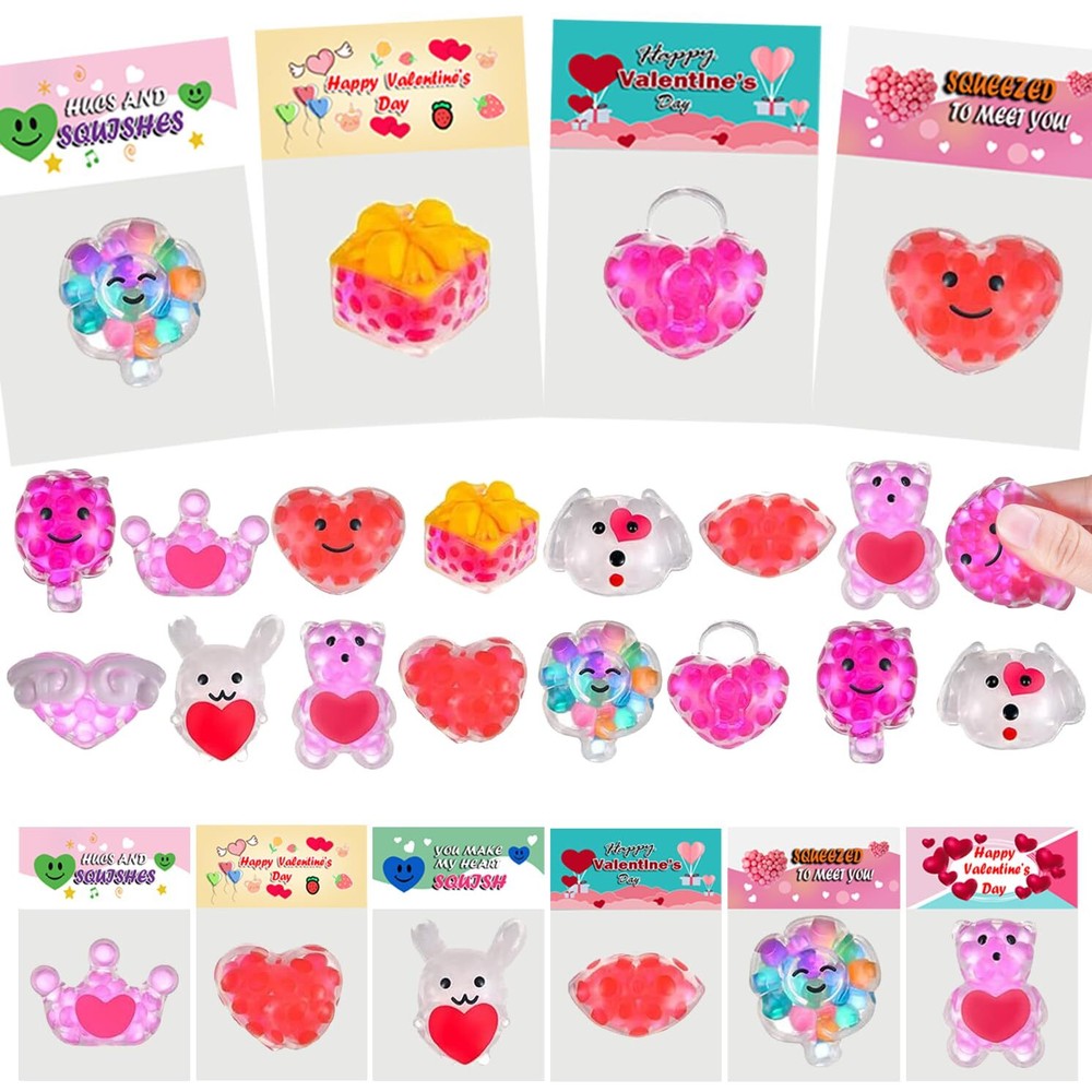 24 Pack Valentines Day Gifts Cards with Squeeze Balls Fidget Toys Bulk for Ki...