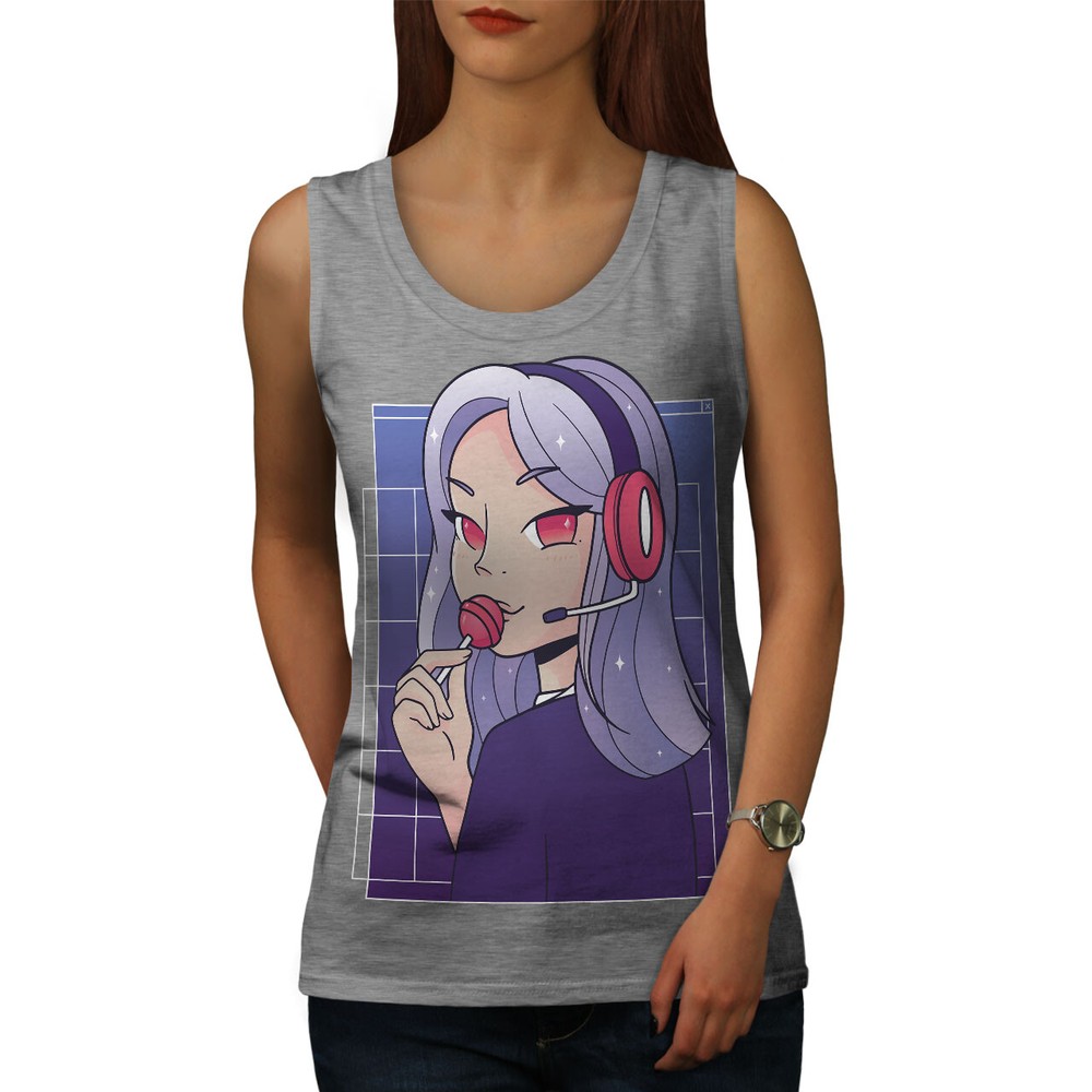 Wellcoda Cool Gamer Girl With Headset And Lollipop Womens Tank Top