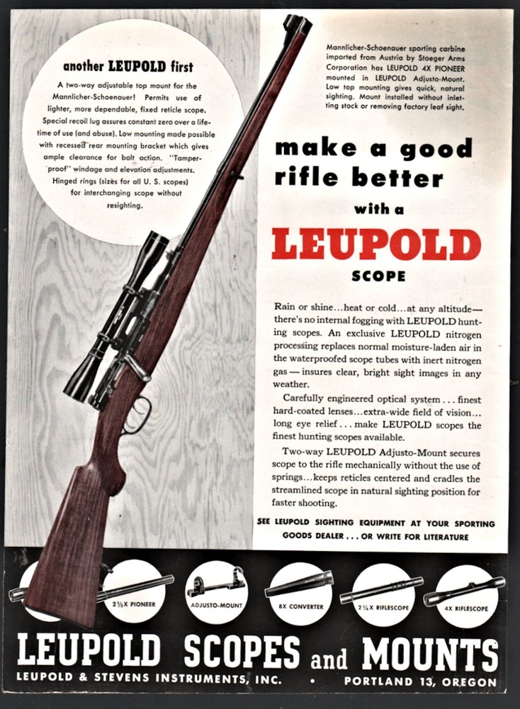 1953 MANNLICHER-SCHOENAUER Sporting Carbine Leupold Rifle Scope PRINT AD