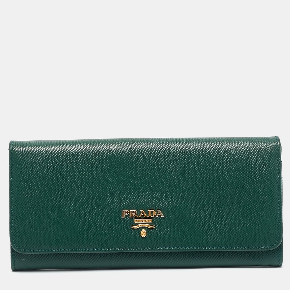 Prada Green Leather Logo Flap Continental Wallet with RFID Protection