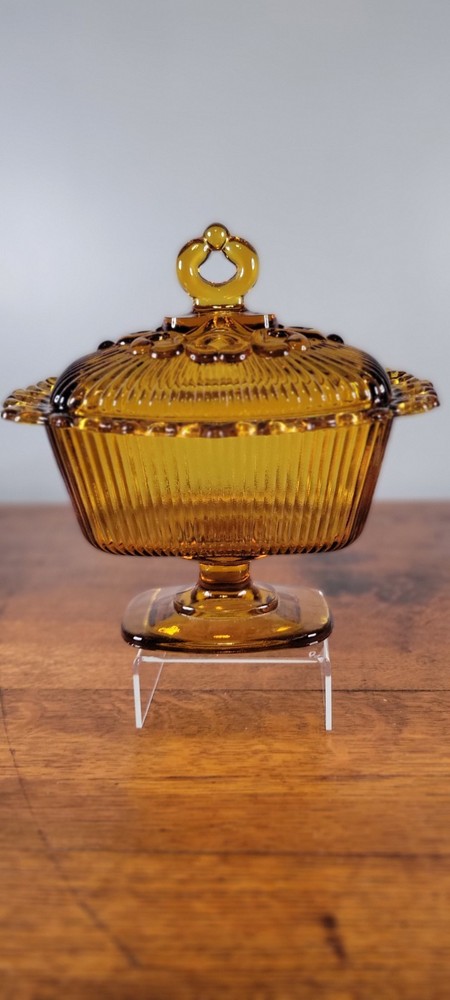 Indiana Glass Amber Lace Edge Pedestal Candy Dish w Lid Vintage 1950s