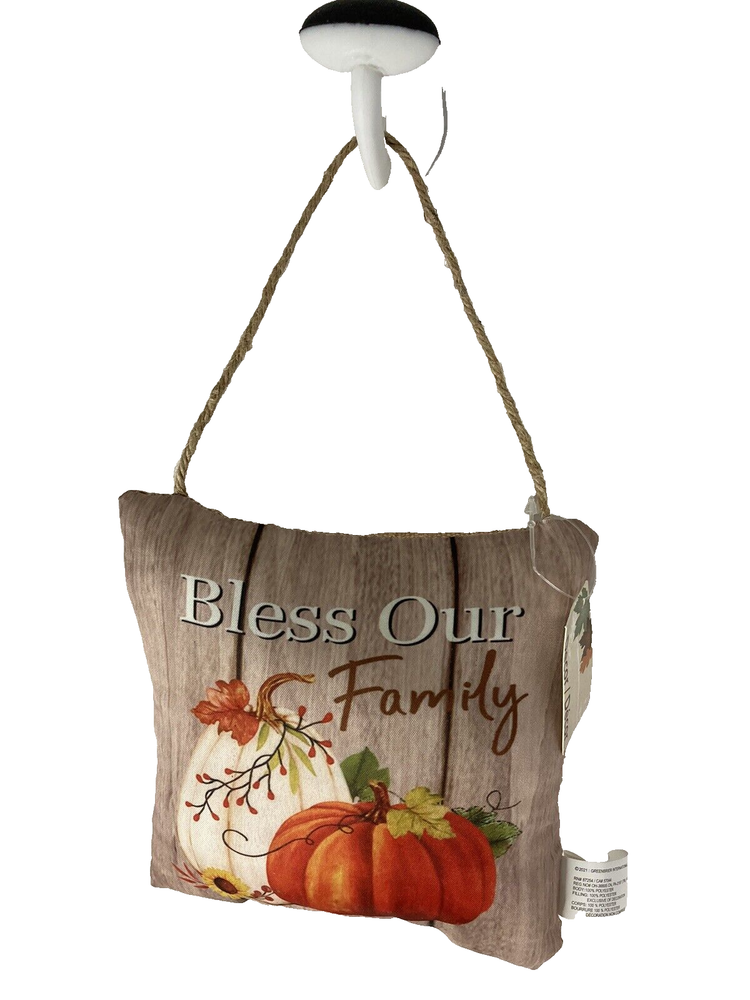 Bless Our Family Fall Door Hanger Pillow Sign - 6x6 Inch Pumpkin Autumn Decor