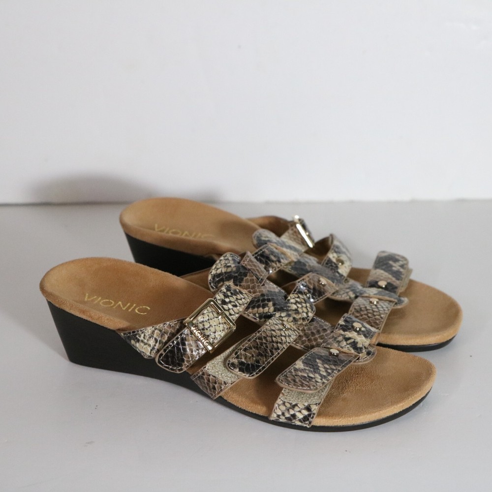 Vionic Womens Radia Wedge Sandals Size 7 Brown Snake Leather Strappy Slip On