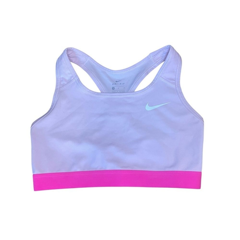 Nike Sports Bra Dri Fit Swoosh Medium Support Pink White Logo Womens Medium