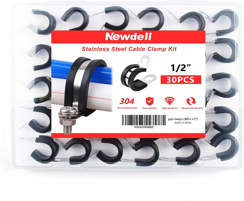 30Pcs Cable Clamps 1/2 Inch Stainless Steel Cable Clamp Rubber Cushioned Hose Cl
