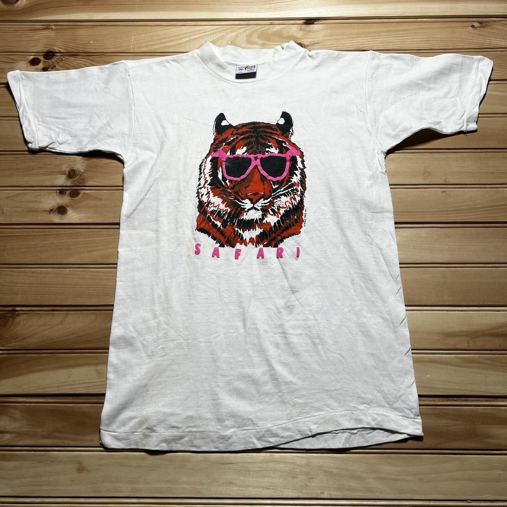 Vintage 80s 1987 Poly Tees Tiger Safari Neon Sunglasses Hawaii Shirt Size Medium