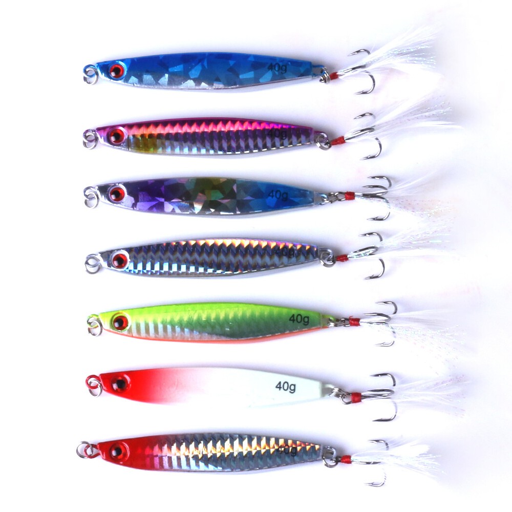 14pcs Lead Metal Jig Lure Set 14g-40g Saltwater Spoon Bait with Feather Hook