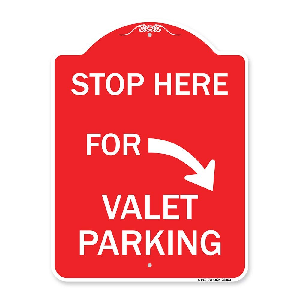 Designer Series Valet Parking Stop Here Sign with Right Arrow in Red & White