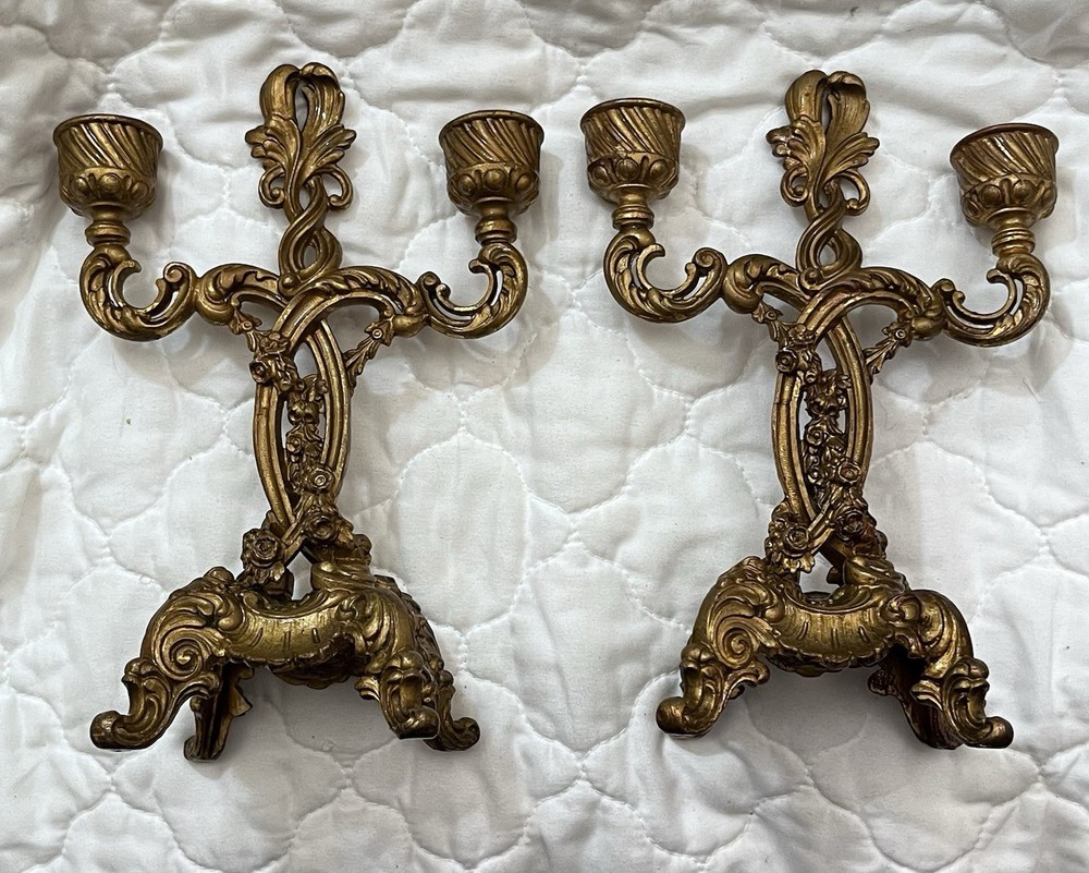 Vintage Ornate Brass Two-Arm Baroque/Rococo Candelabra Candle Holders Gold Pair