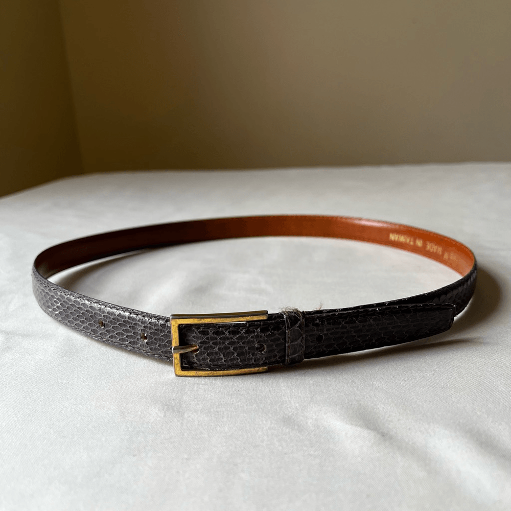 Vintage Snakeskin Leather Skinny Belt Gray Gold Buckle Classic Chic Boho 30