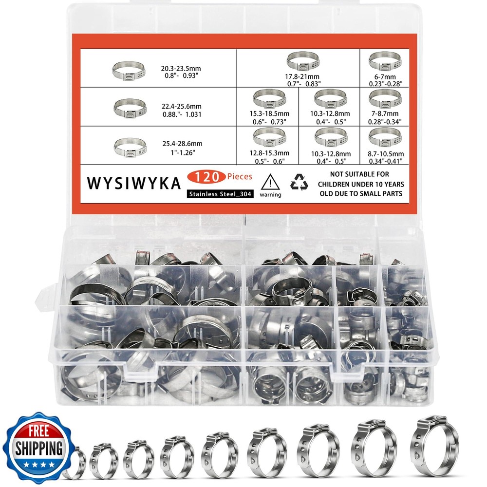 120-Piece 304 Stainless Steel Hose Clamps Set - 10 Sizes (6-28.6mm) for Secure Fit