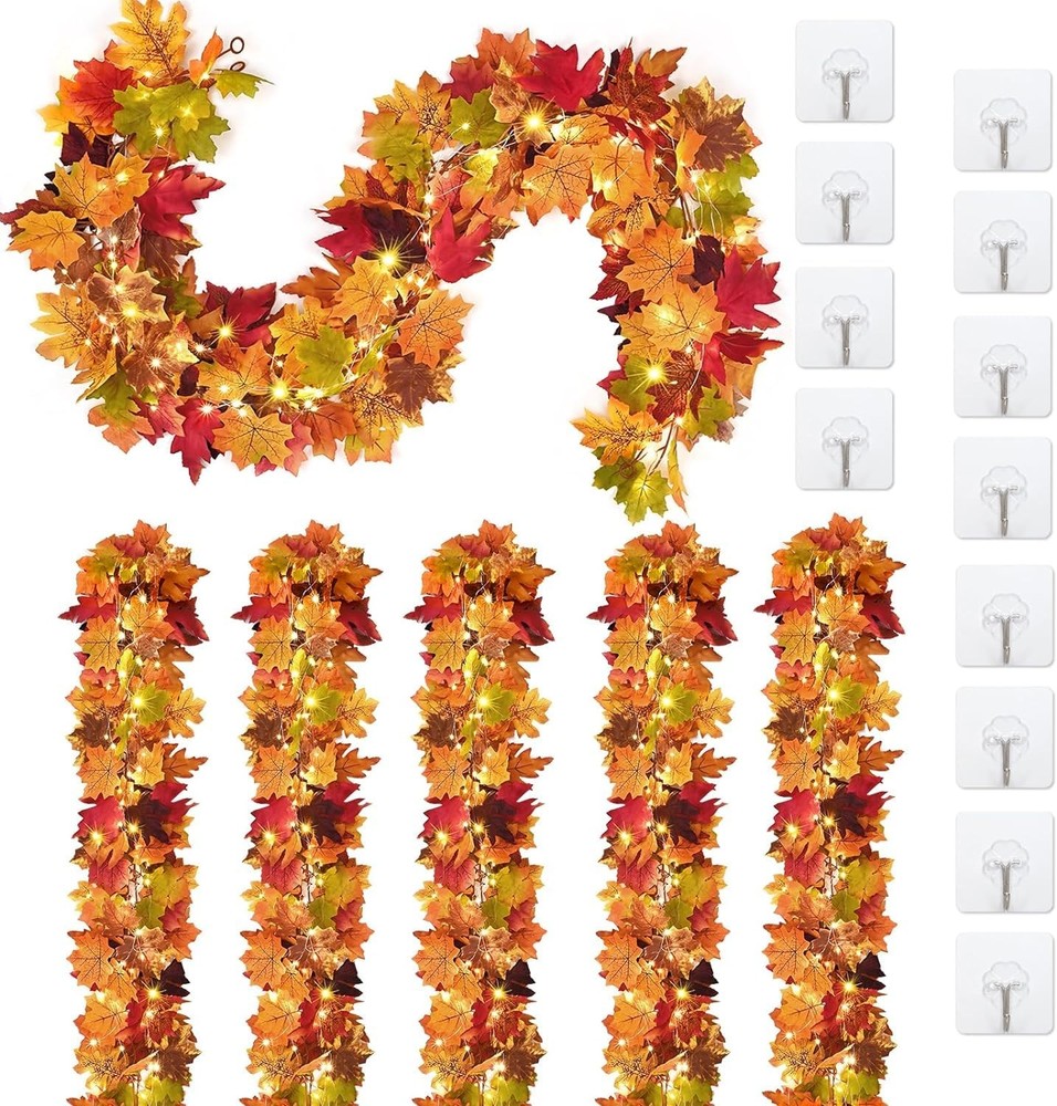 6Pcs 34Ft Fall Leaf Garland with Lights for Mantle Decor