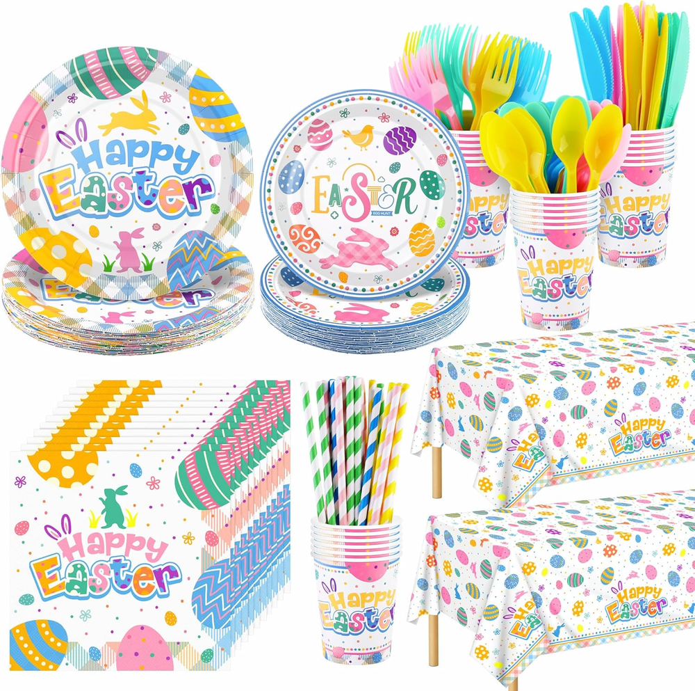 194 Pieces Happy Easter Tableware Set Colorful Easter Bunny Egg Dinnerware Inclu