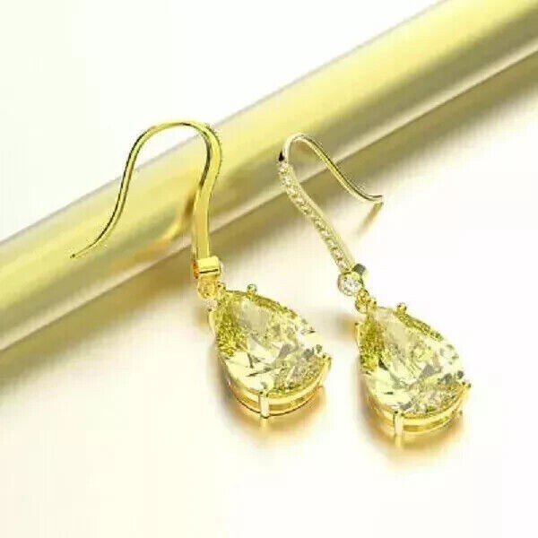 3Ct Pear Cut Yellow Citrine Simulated Drop Earrings in 14K Gold Plated