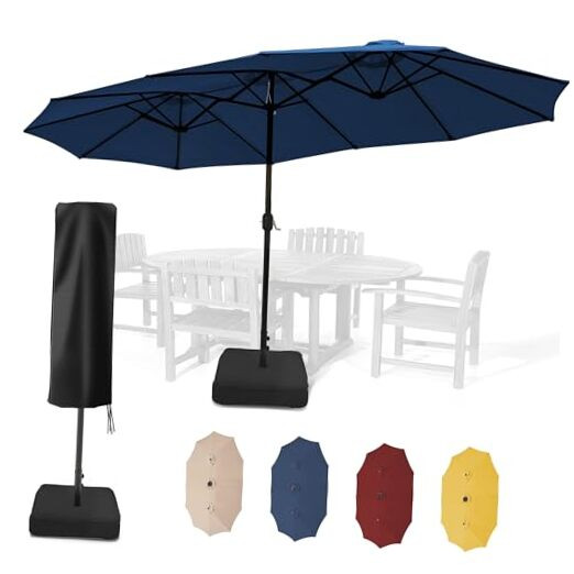 15ft Large Blue Patio Umbrella with Base and Cover for Outdoor Use