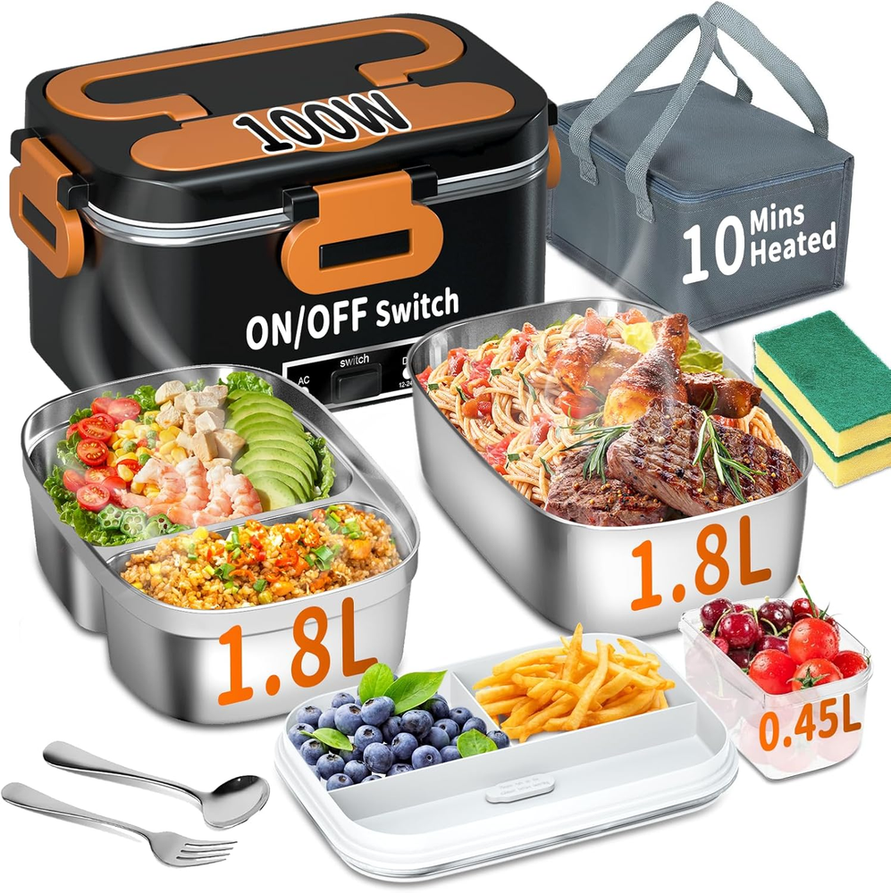 Portable 100W Electric Heated Lunch Box for Adults - 3-in-1 1.8L Food Warmer