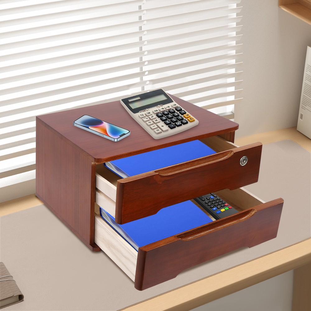 2 Tiers Desktop Storage Cabinet Organizer Box For Office Home Lockable w/Drawers