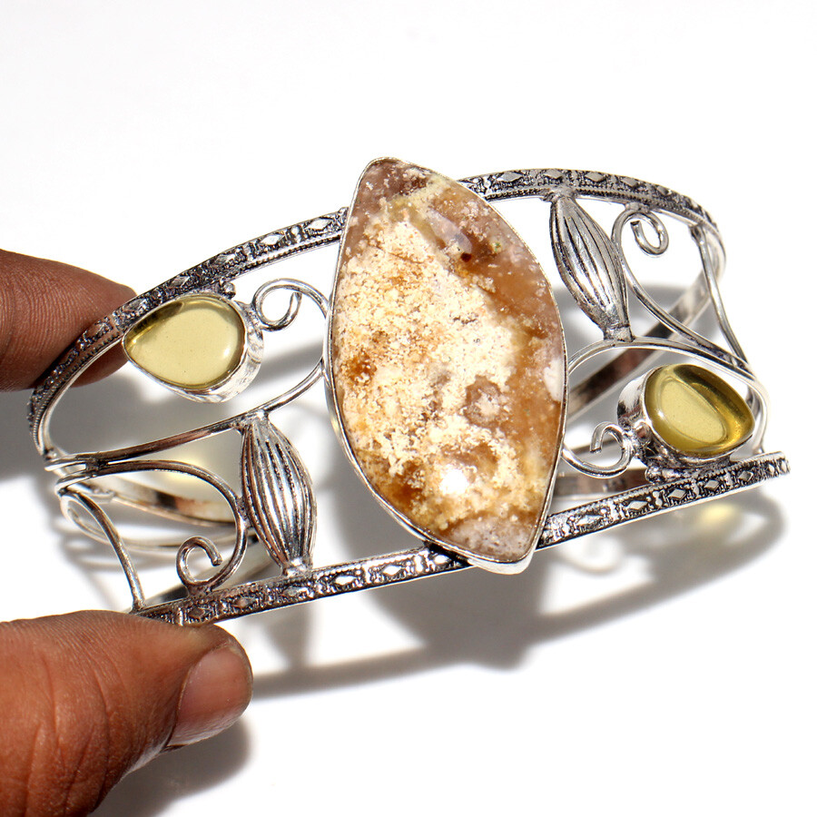 925 Silver Plated Fossil Coral Citrine Adjustable Bangle Jewelry JW Size Free