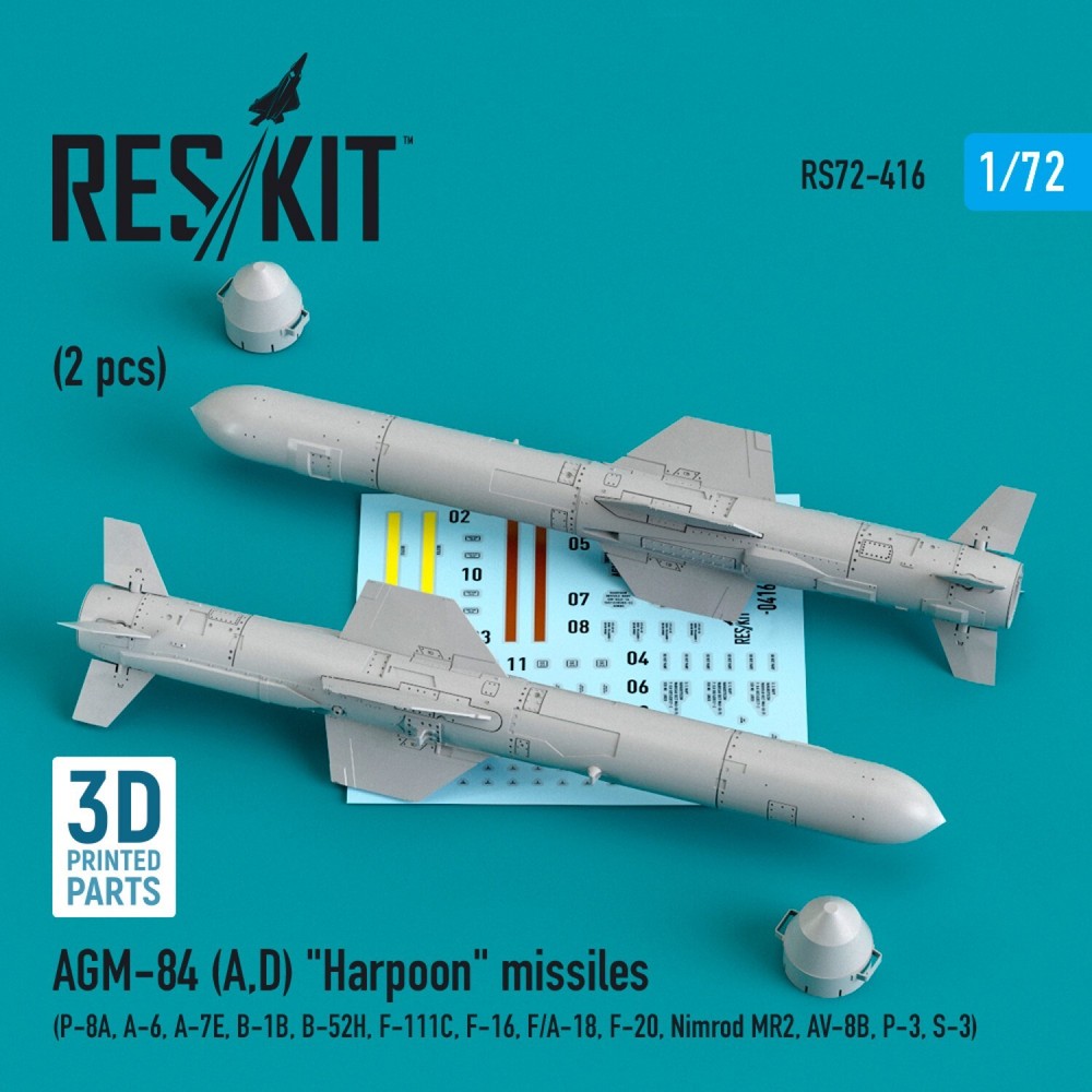 AGM-84 Harpoon Missiles (2) P-8A A-6 A-7E B-1B F-111C 1/72 3D ResKit RS72-0416
