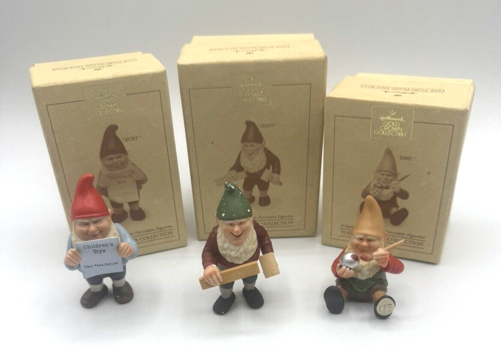 Vintage 1987 Hallmark Gold Crown Toymaker Elves Porcelain Figurines Set of 3