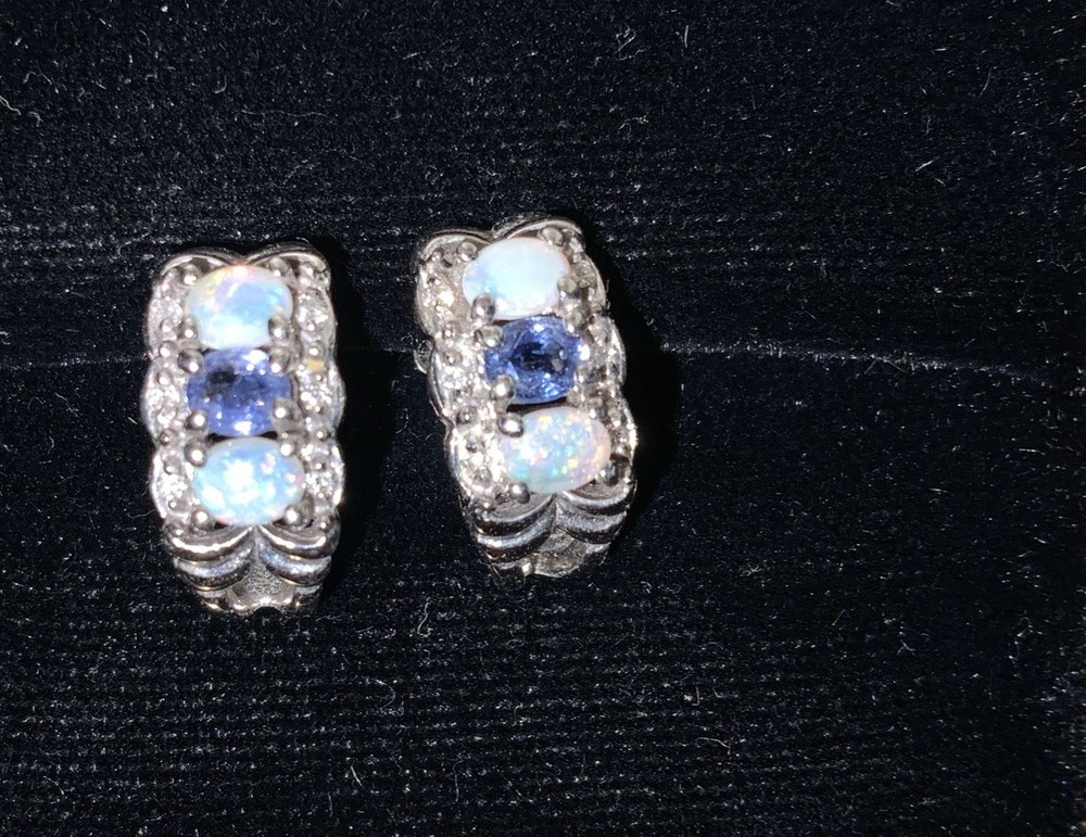 14k White Gold Opal Tanzanite Diamond Earrings by Effy Rare New