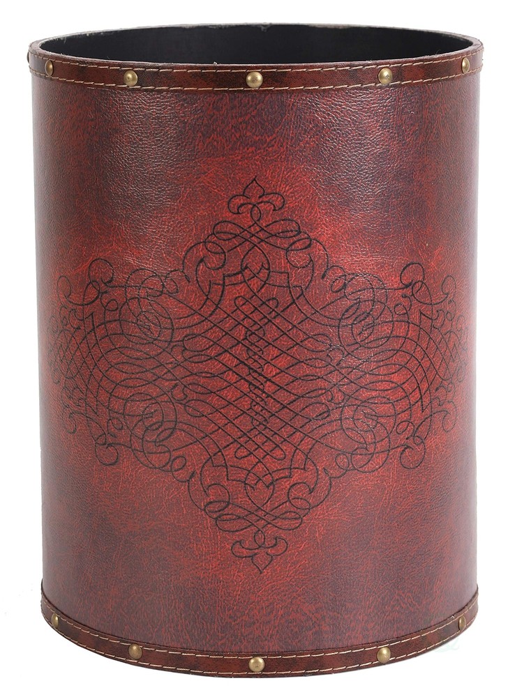 (TM) Faux Leather Antique Design Waste Bin