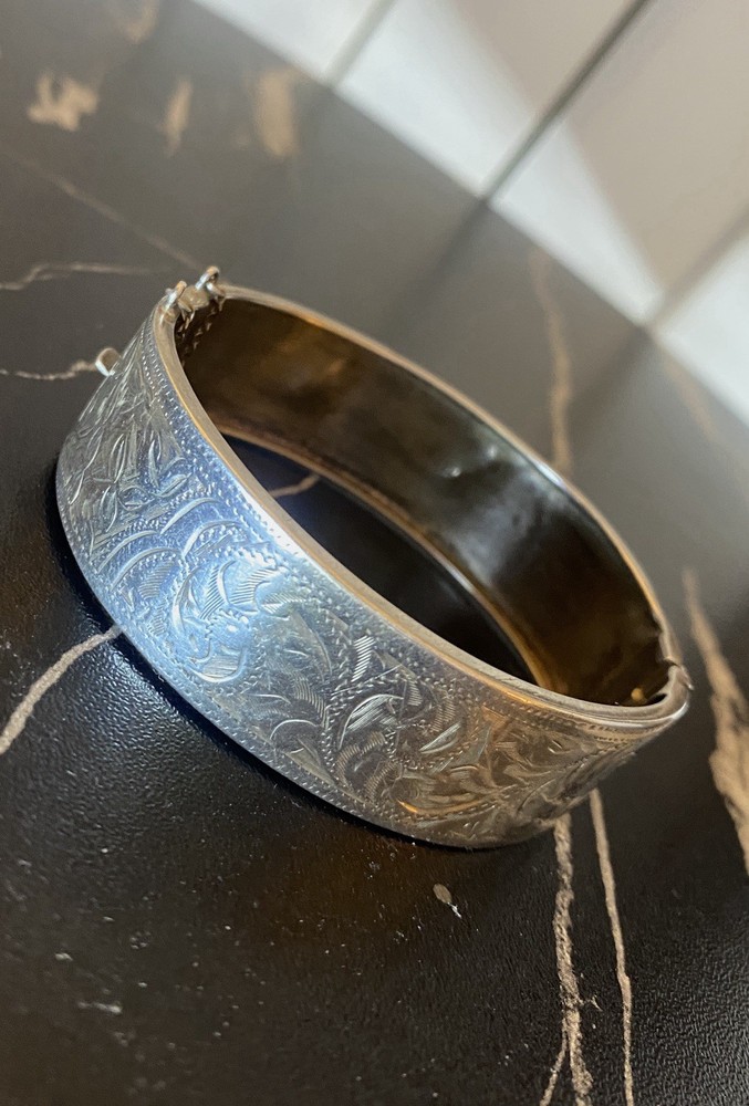 Antique Victorian Sterling Silver Bangle Bracelet - Birmingham Hallmarks, Floral