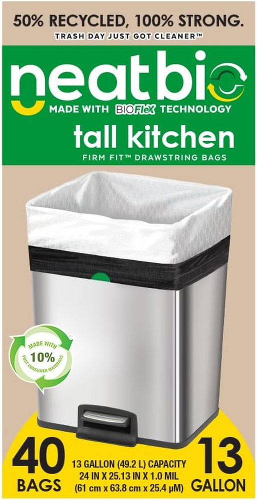 Neat Tall Kitchen 13 Gallon Drawstring Trash Bags - 40 Count - Triple Ply Fortif