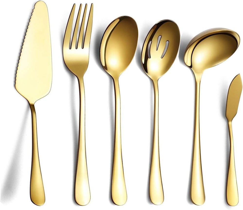 6-Piece Gold Serving Flatware Silverware Set,Stainless Steel Serving Utensil ...