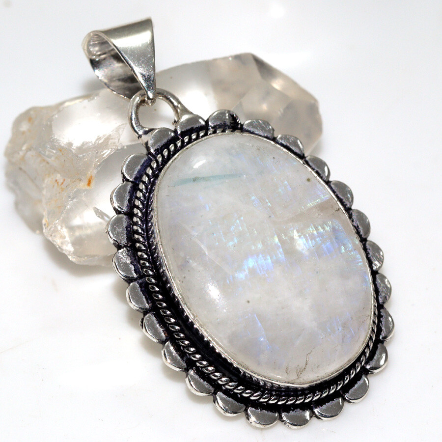925 Silver Plated Rainbow Moonstone Ethnic Pendant Jewelry Size 2