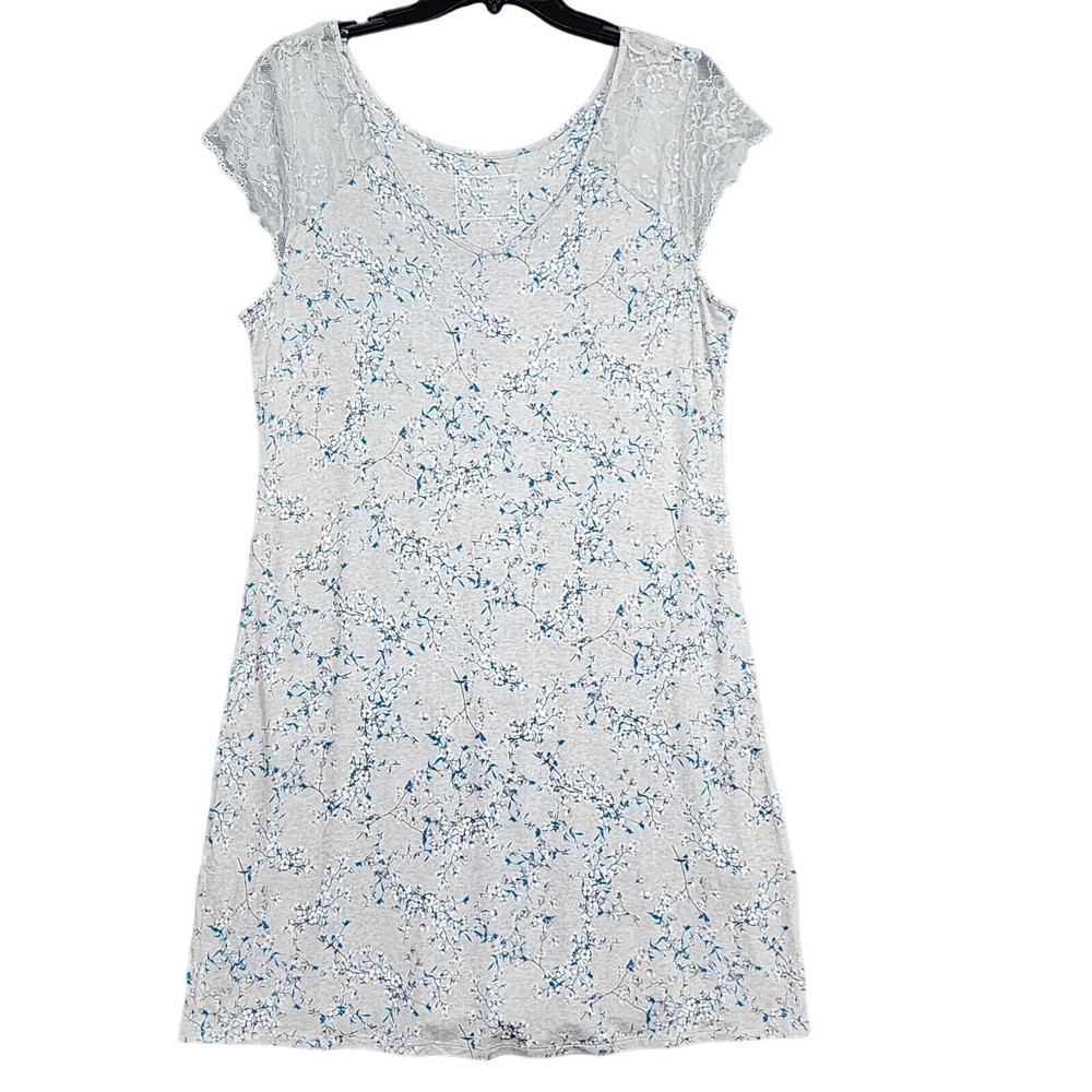 Charter Club Nightgown Lace Trim Floral Gray Print Pajamas Size Medium