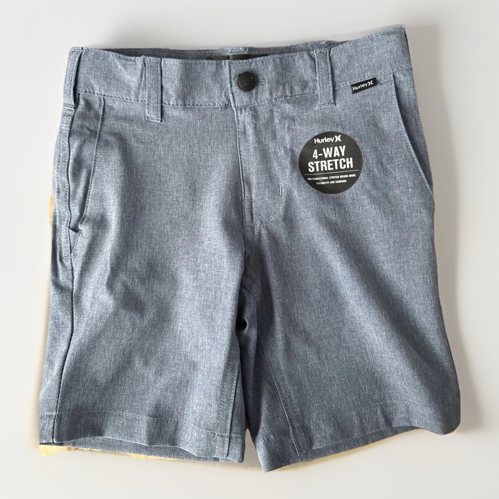 Hurley Boys Hybrid Short Size 4 Khaki Blue Elastic Waist 4 way Stretch