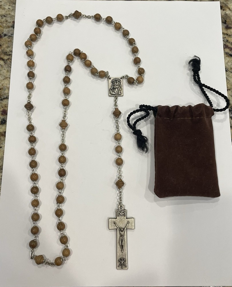 Vintage Italian Wooden Beaded Rosary with Soft Brown Bag
