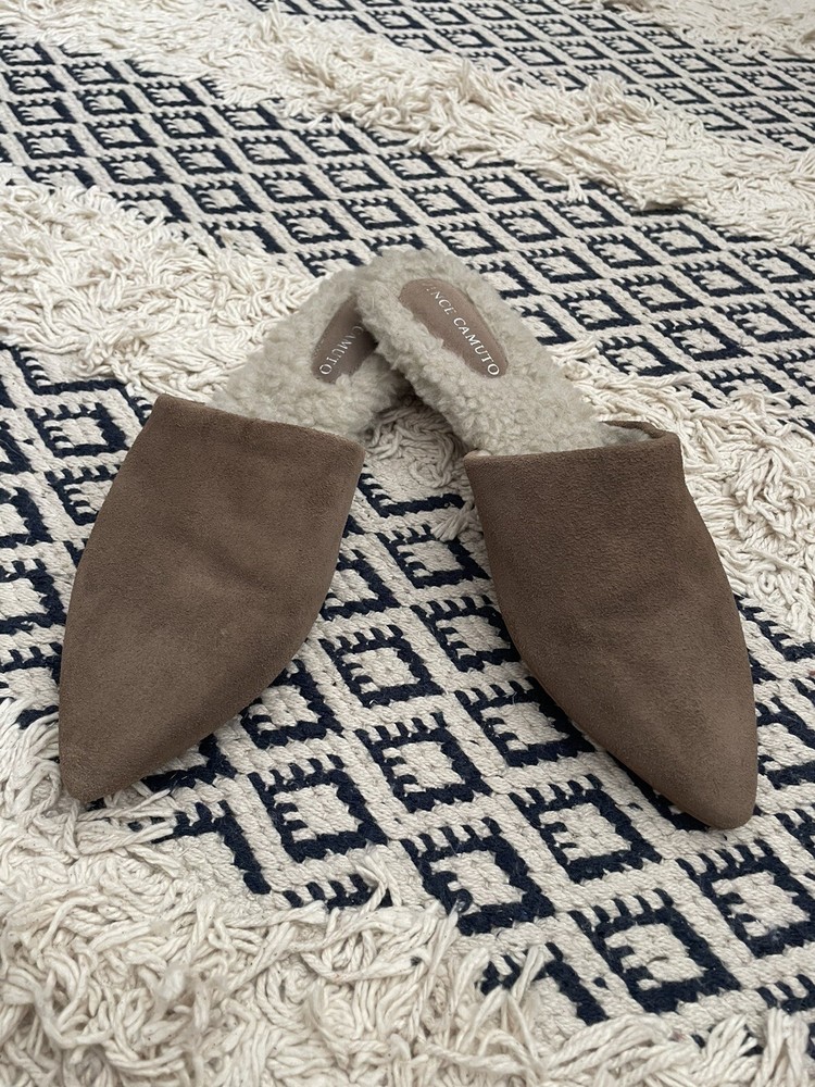 VINCE CAMUTO Fleece Lined Taupe Brown Suede Flat Mule Shoes - Women’s Size 8.5