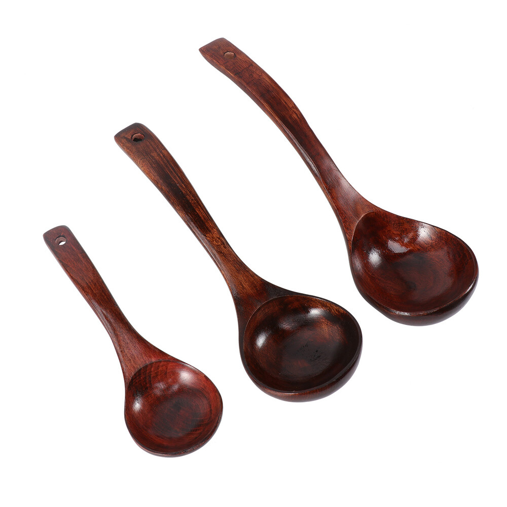 3PCS Wooden Soup Spoons Wooden Handle Cooking Spoons Household Kitchen