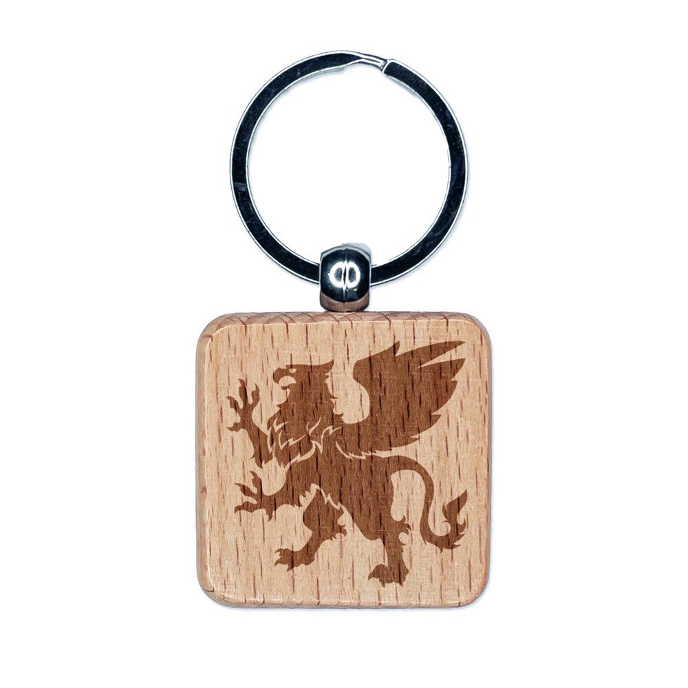 Regal Heraldic Griffin Engraved Wood Square Keychain Tag Charm