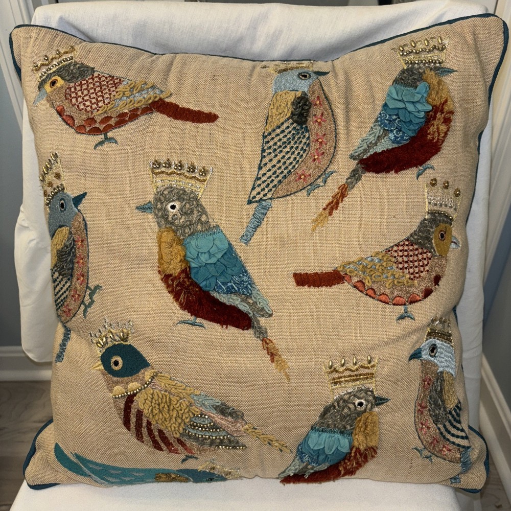 Assorted Beaded Birds Toss Pillow Pier I 18”X 18” Multicolor Mixed Fabric Used