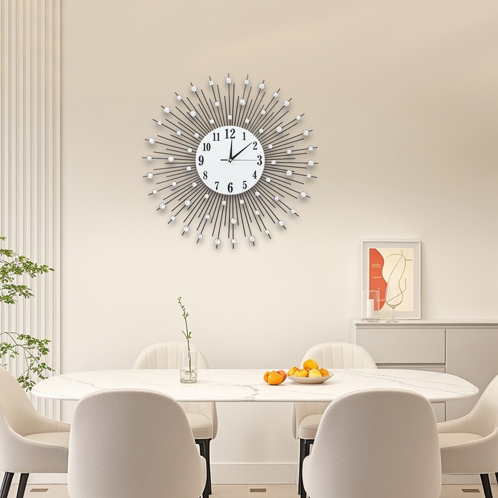 Vintage Sunburst Luxury Metal Wall Clock with Crystal Diamond Design 60cm Quartz