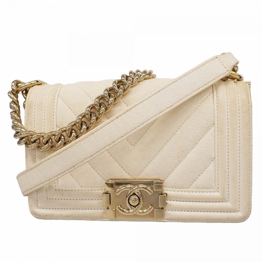 Chanel Boy V Stitch Shoulder Bag in White Champagne 374547