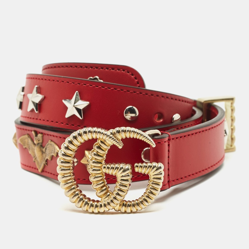 Gucci Red Leather GG Torchon Buckle Belt with Embellishments 75CM