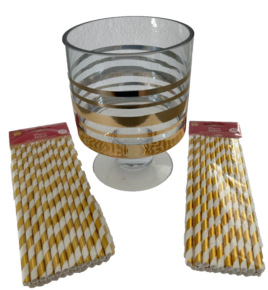 Dessert Bowl Trifle Bowl Glass with Gold Rings Footed Decorative 6x5 + Bonus