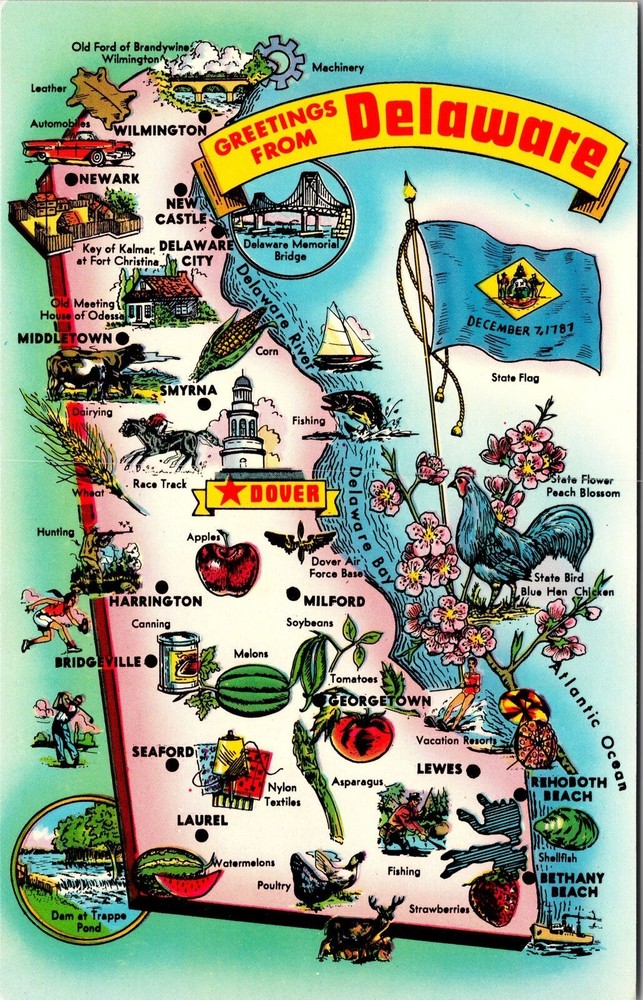 DE-Delaware, Scenic Landmark Map Greetings, Vintage Postcard