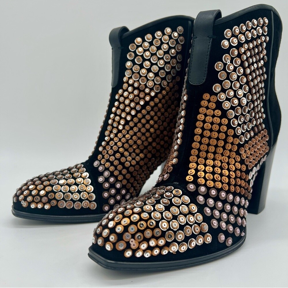 Casadei Black Suede Sequin Studded Western Boots with Block Heel Size 36 US 6