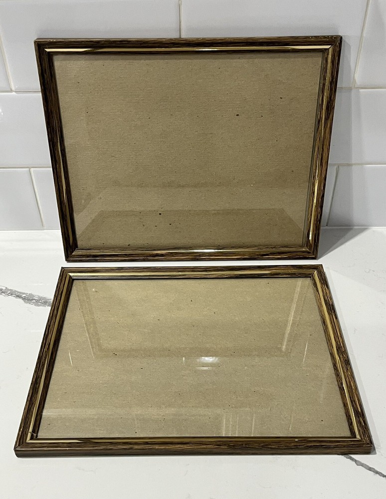 2 Vintage Faux Wood Gold 8x10” Picture Frames for Wall or Tabletop MCM Style