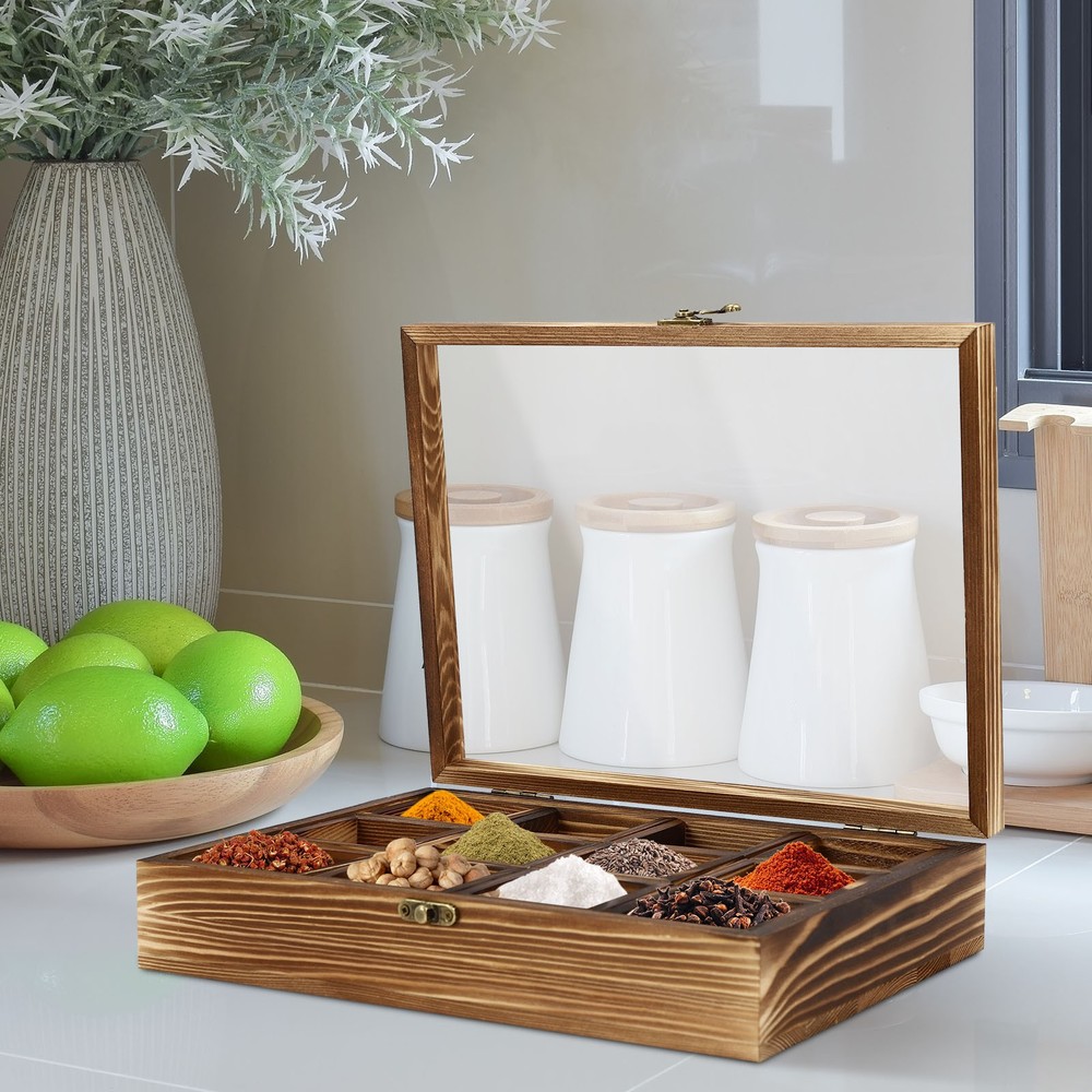Wooden Spice Box+Wooden Spoon Wooden Spice Box with 12 Containers Spice Fit Box