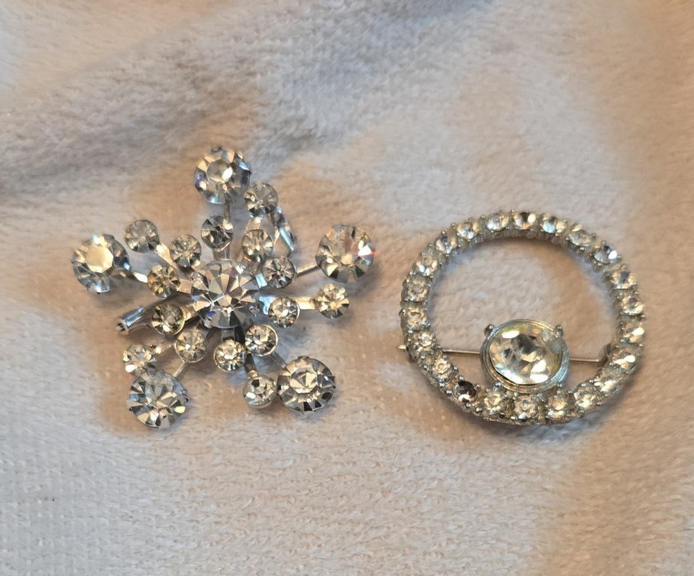 Vintage Snowflake & Circle Brooch Pin Set Clear Rhinestones Silver Tone
